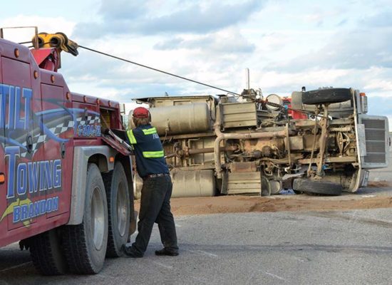 Tow truck operator at the scene of Thursday's rollover south of Brandon MB